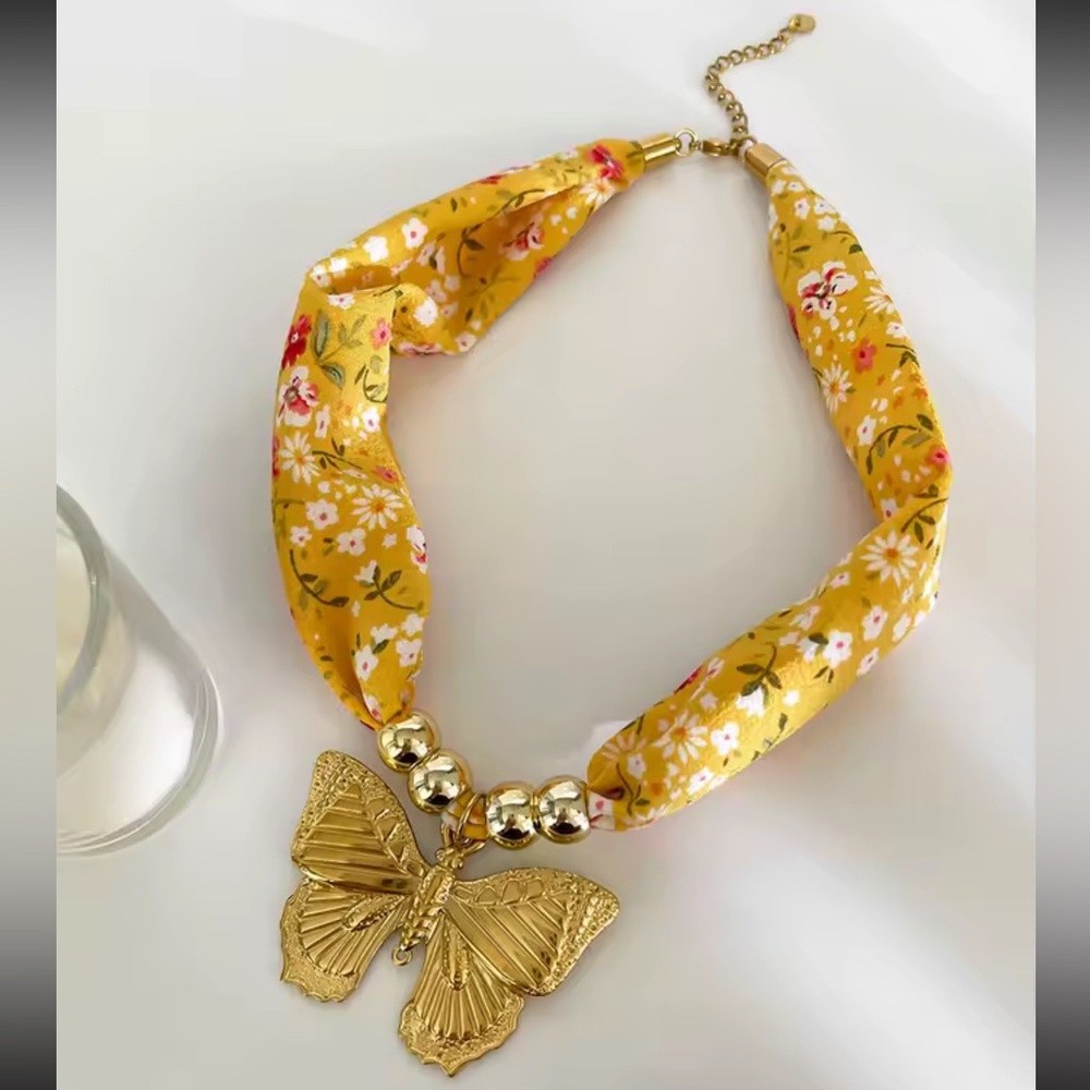 Golden Butterfly 18K Gold Stainless Steel Floral Scarf Choker Necklace - Picture 9 of 11
